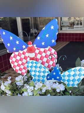 Check, Stars, and Stripes Bugs Set of 2 Garden Decor Set - Red, White, and Blue